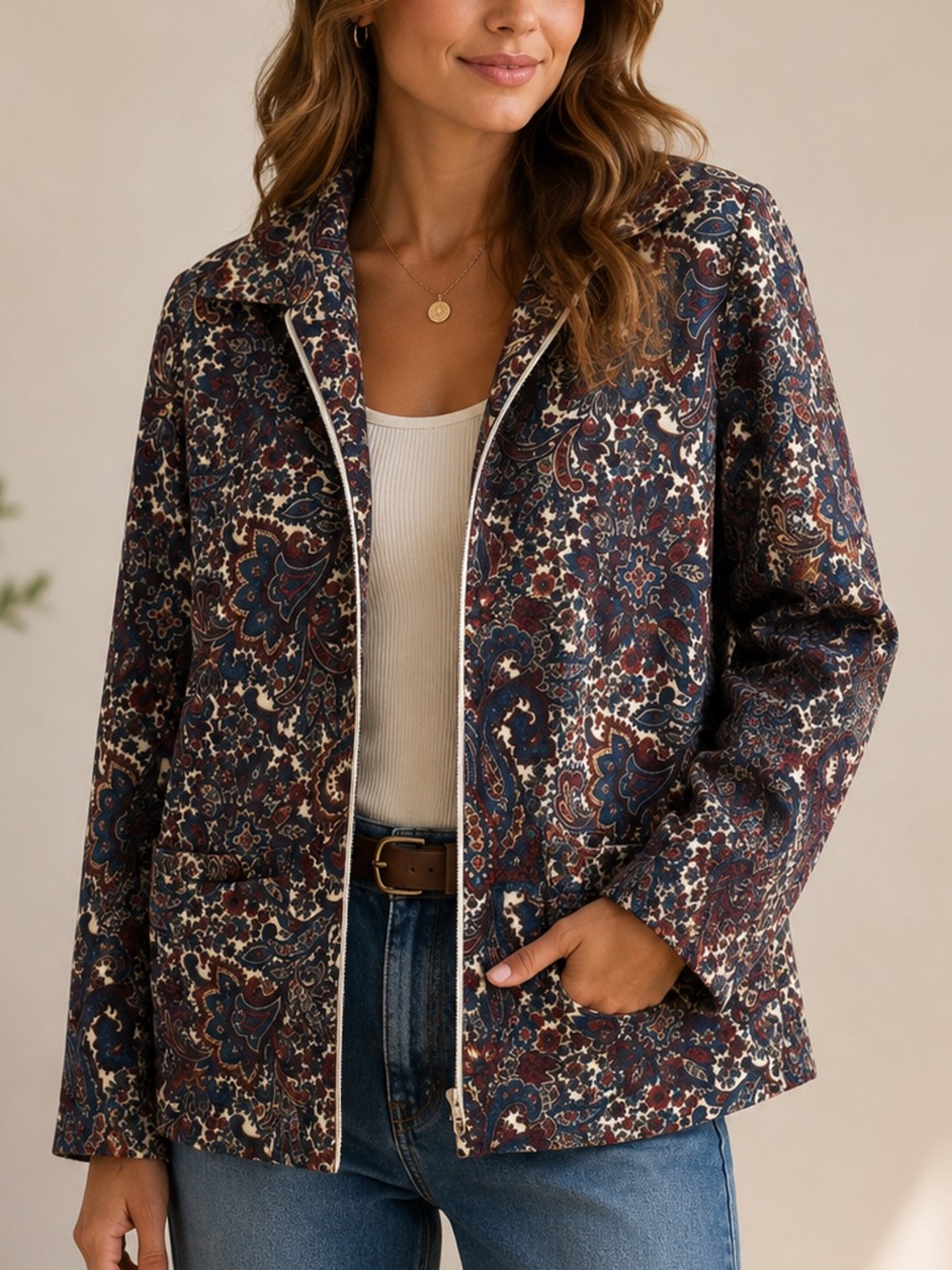 BonWorth Paisley Zip Jacket in Navy, Burgundy & Cream